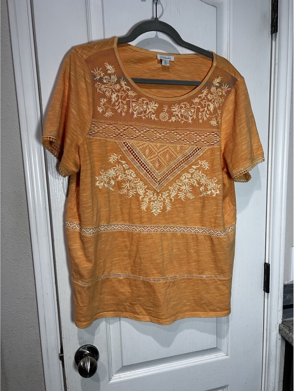 Sundance Imogen Lace Tee Orange Embroidered Mesh Crochet Top Boho Cotton Sz Xl